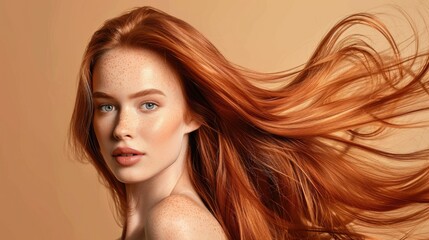 Naklejka premium Gorgeous Hair Care Product Model, Ginger, and Shiny Hair Flying, Beige Background, Studio Photo