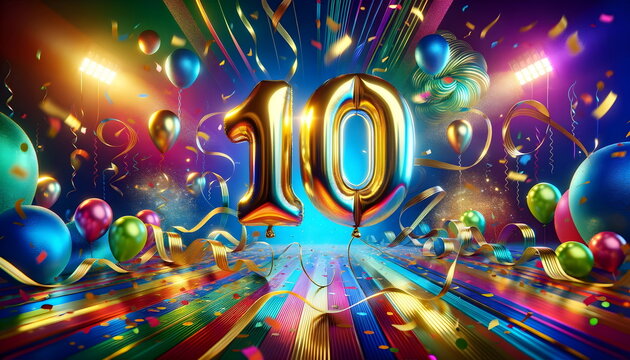golden balloons number 10 on birthday concept background