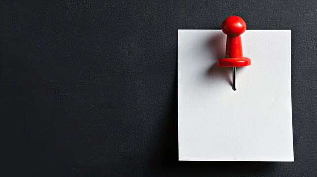 white sticky note with a red push pin on a sleek black background, perfect for office reminders.