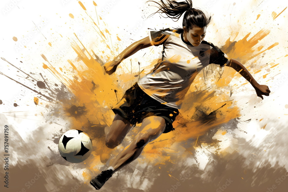 Wall mural painting graphic of a woman soccer player kick ball and splash with colors isolated on white backgro