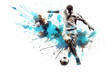 painting graphic of soccer player man kick ball and splash with colors isolated on white background