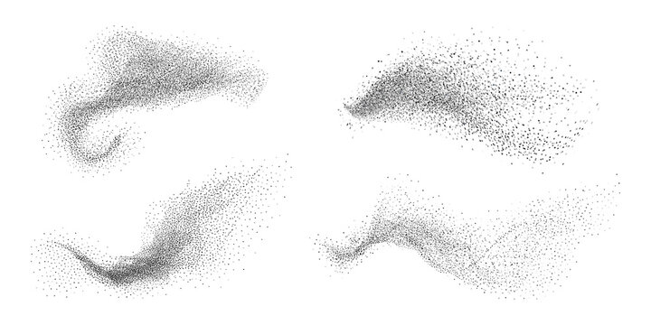 Collection of shapes featuring noise grain texture stains, black and white dotted spray shades, and sand dust spots. A set of halftone splatter forms forming dark lack stipple grain smoke or steam.