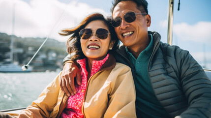 Smiling middle aged asian couple enjoying leisure sailboat ride in summer