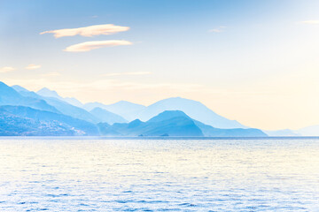 Panoramic image of the coast of Montenegro in blue tones. Beautiful places near the Adriatic Sea