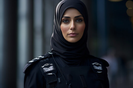 Generative ai collage image of woman muslim in hijab looking on modern megapolis