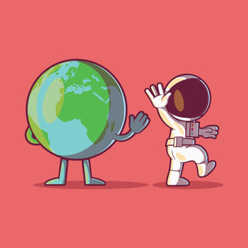 Astronaut character saying goodbye to earth vector illustration. Ecology, discovery design concept.