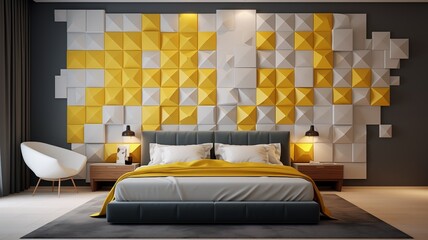 A luxurious 3D wall design in the bedroom featuring yellow and white square-shaped tiles, arranged in a staggered pattern to add depth and dimension to the interior decor.
