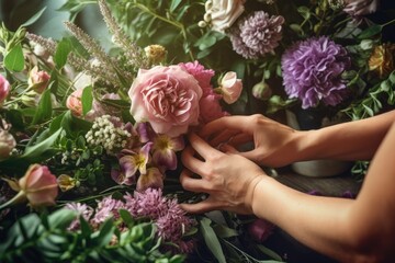 Woman's hands carefully arranging a vibrant bouquet of flowers, highlighting the artistry and care in floral arrangement