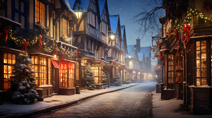 Fototapeta na wymiar the festive spirit of a quaint snowy village during Christmas, with warmly lit cottages, and a charming town square adorned with twinkling lights Generative AI