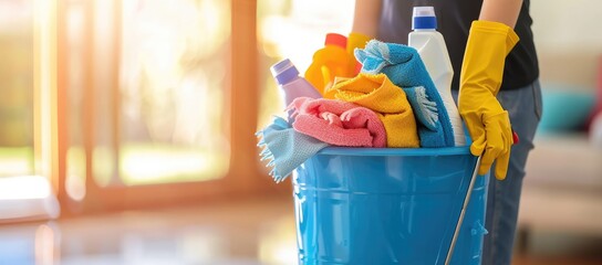 Basket with cleaning items and cleaner on blurry home interior background, Cleaning service. banner