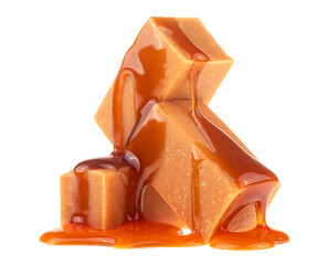 Caramel candies and milk caramel sauce isolated on a white background - 757492778