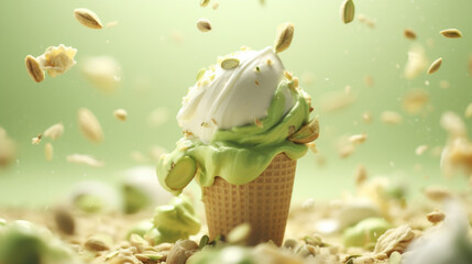 Green pistachio ice cream with nuts ingredients, dessert food background - 757492785