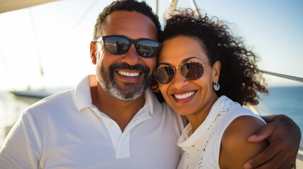 Smiling middle aged mixed race couple enjoying sailboat ride on summer day - 757492943