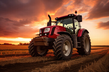 A powerful red tractor stands in a field at sunset, marking the end of a day's work in agriculture