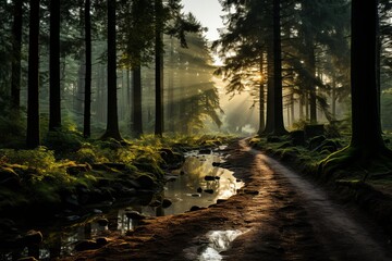 Sunlight filters through trees onto muddy path in forest