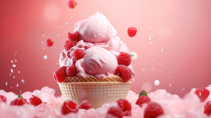 Pink color raspberry ice cream with berries ingredients food background - 757492971