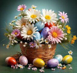 A gift basket filled with colorful Easter eggs and flowers sits on a table.