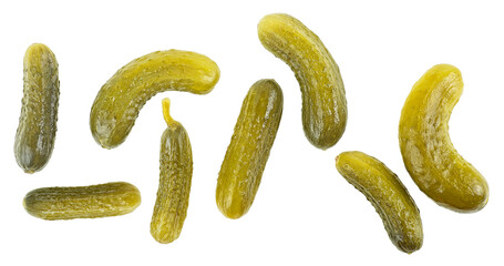 Group of marinated pickled cucumbers isolated on a white background, view from above. - 757493120