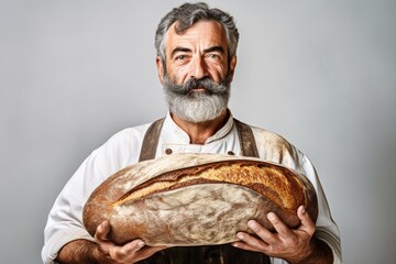Obraz premium A seasoned baker, with a distinguished beard, proudly presents a freshly baked, large loaf of bread with skill and tradition