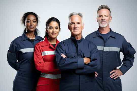 Four professionals in specialty gear pose confidently, showcasing their unity and diverse expertise within a disciplined environment