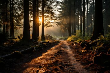 Sunlight filters through trees onto dirt road in wooded landscape