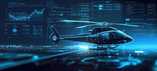 3D rendering illustration Helicopter blueprint glowing neon hologram futuristic show technology security for premium product business finance transportation