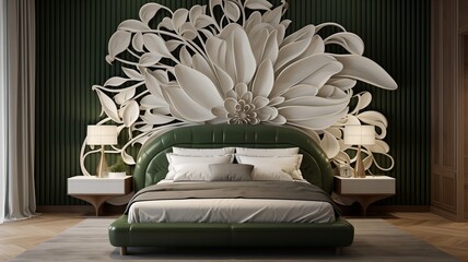 A luxurious bedroom adorned with intricate olive and white 3D wall designs, evoking opulence.