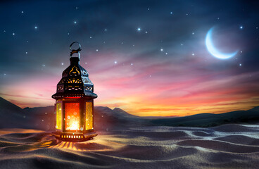 Ramadan Kareem - Arabic Lantern At Dawn In Desert With Crescent Moon - Magic Abstract Glitter In The Light