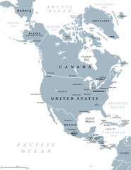 North America, gray political map. Continent bordered by South America, Caribbean Sea, and by the Arctic, Atlantic and Pacific Ocean. The largest countries are Canada, the United States, and Mexico. - 757493930