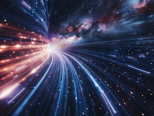 Digital art of a spacecraft traveling at light speed, with streaks of light against a cosmic galaxy background