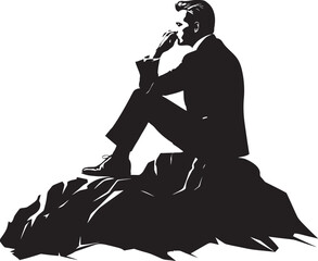 SummitSanctuary Contemplative Scene of Man on Mountain Rock Black Icon ZenPinnacle Restful Figure on Mountain Rock Vector