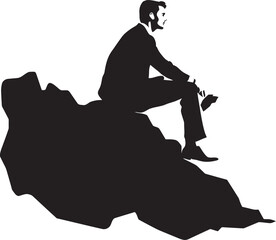 HighlandHarmony Serene Scene of Man on Mountain Rock Black Icon EverestEase Restful Figure on Mountain Rock Vector