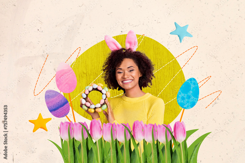 Sticker Banner picture collage of cheerful lovely girl showing traditional food chocolate eggs handmade wreath isolated on drawing background