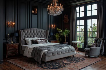 Elegant Bedroom With Large Bed and Chandelier - obrazy, fototapety, plakaty