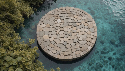 Top view flat lay circle stone podium on the water