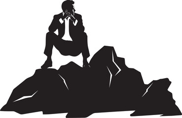 Peak Placidity Tranquil Moment on Mountain Rock Vector Cliff Crest Peaceful Contemplation on Mountain Silhouette Emblem