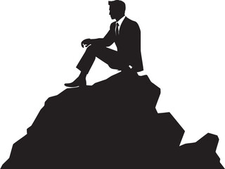 Summit Serenade Contemplative Seated Man on Mountain Emblem Peak Peace Solitude Amidst Rocky Landscape Vector