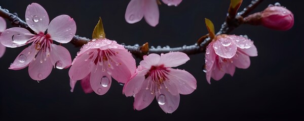 Close-Up View of Dew-Kissed Cherry Blossoms Against a Dark Background