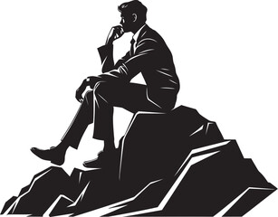 SummitSolitude Tranquil Scene of Man on Mountain Rock Vector CliffCalm Black Logo Icon of Man Perched on Mountain Rock