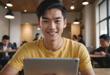 Young man in cafe using a tablet, bright and cheerful. - obrazy, fototapety, plakaty