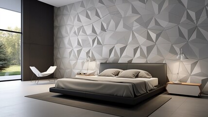 A modern 3D wall design in the bedroom featuring amber and white hexagonal-shaped panels, arranged in an offset pattern for visual intrigue.