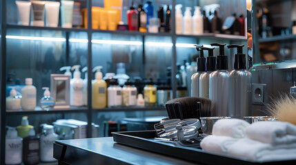 A Hairdresser Maintaining a clean and organized work station and sterilizing tools to ensure hygiene and safety - obrazy, fototapety, plakaty