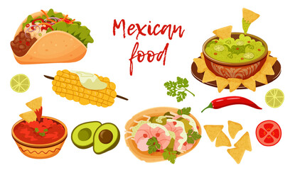 Set of Mexican dishes and ingredients, all elements isolated on a transparent background.Traditional Mexican cuisine, vector flat illustration