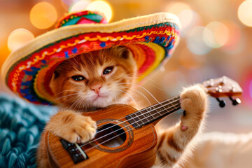 red kitten in a Mexican sombrero hat playing the ukulele Cinco De Mayo holiday