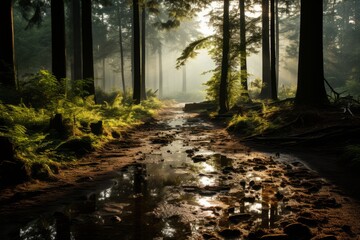 Sunlight filters through trees onto muddy path in woodland landscape
