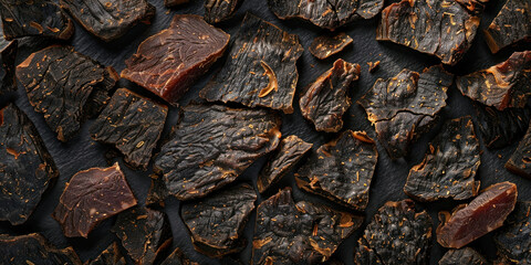 Close up of dried meat on black background, textured jerky snack, traditional cured meat for protein lovers