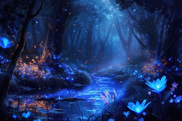 Naklejka premium An enchanted forest at night, with glowing flowers, a sparkling river, and mystical creatures lurking in the shadows. Resplendent.