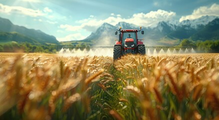 Obraz premium Red Tractor Driving Through Wheat Field