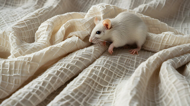 This image captures a pet mouse perched upon richly textured bedding, evoking notions of comfort and domestic warmth