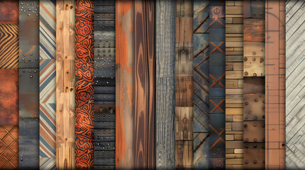 This image captures the eclectic collection of rustic wooden planks adorned with various patterns and colors